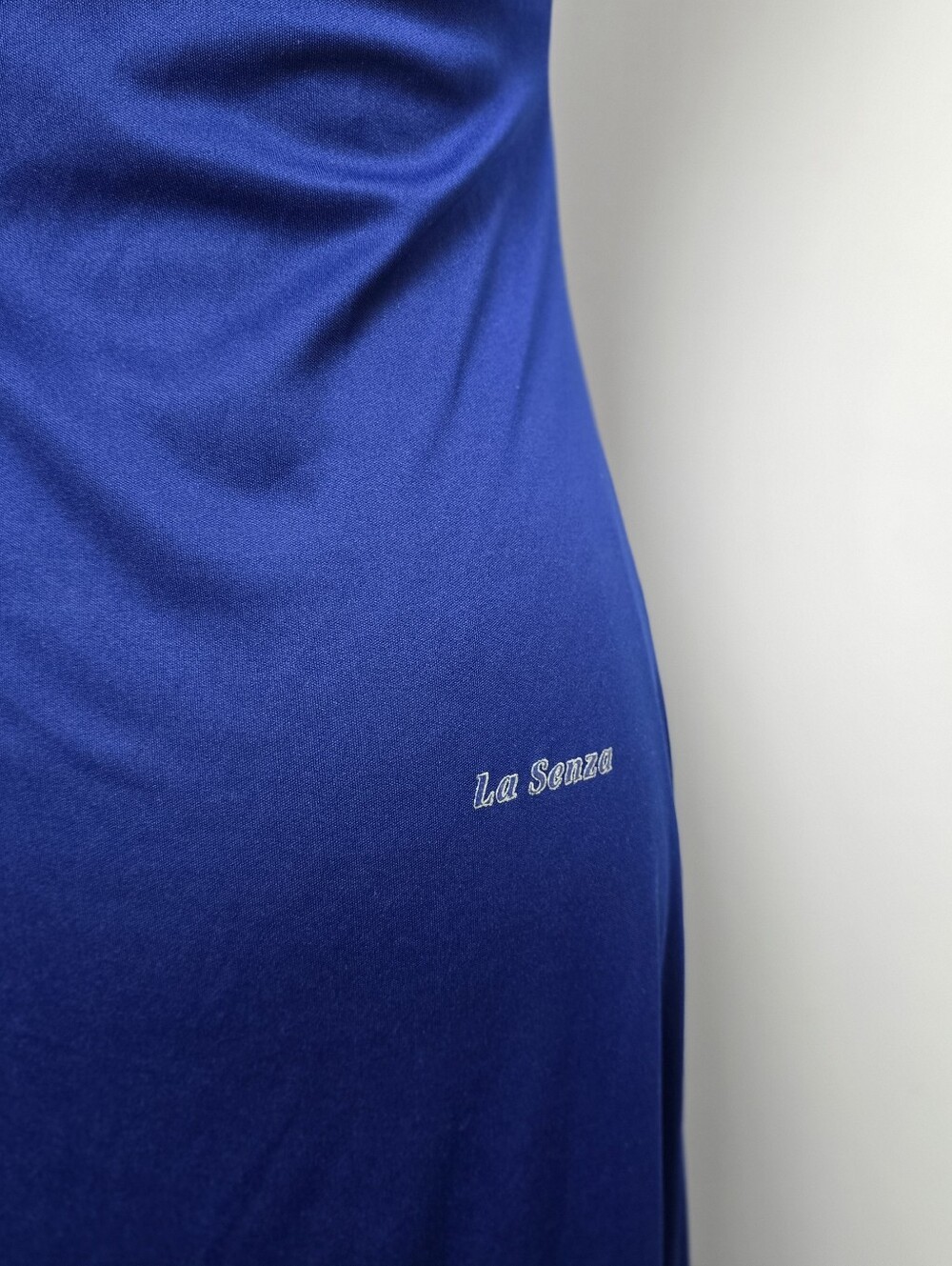 Vintage La Senza Blue Halter Maxi Dress Side Slit V-Neck Size M Romantic Chic - Picture 7 of 9